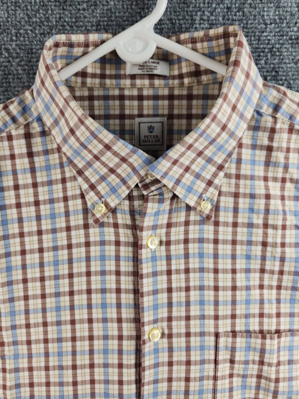 Peter Millar Long Sleeve Button Up Shirt Men XL Cotton Brown Blue Check Woven